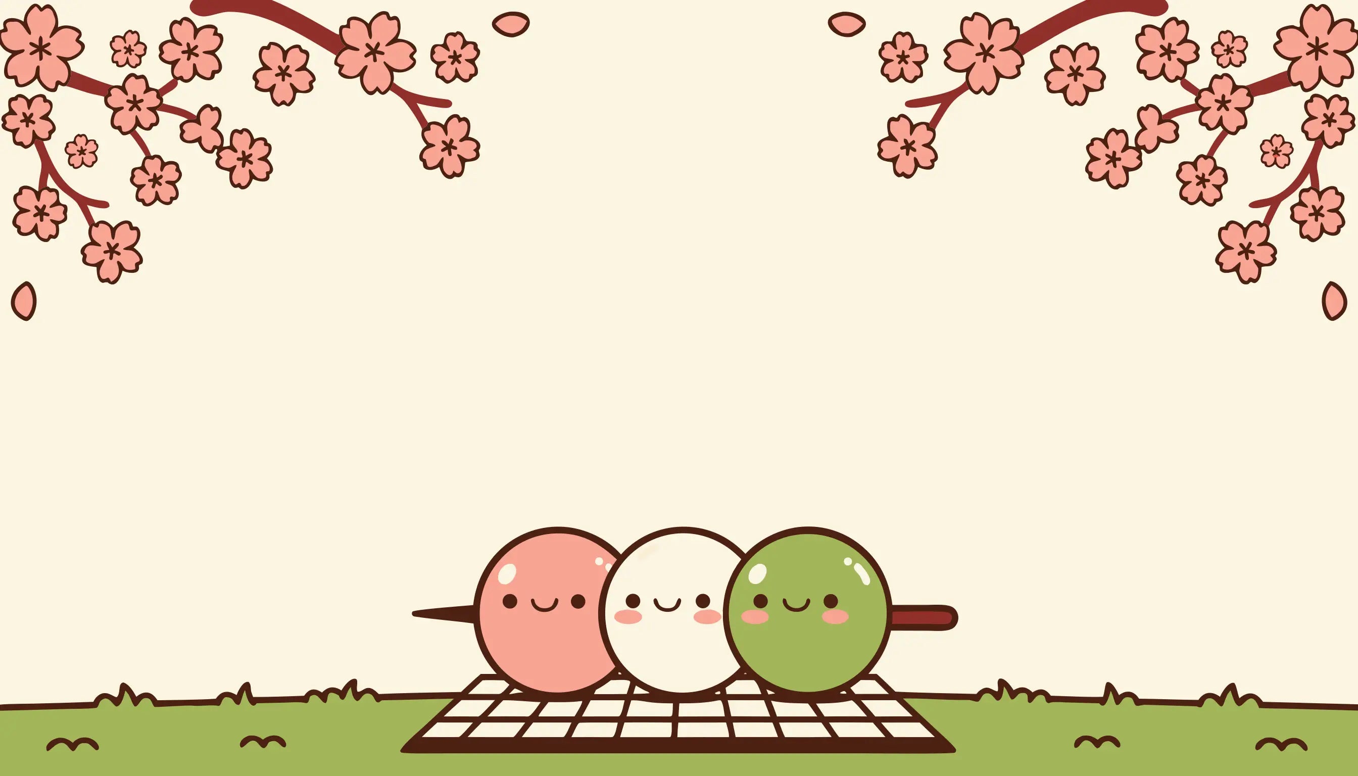 Trio de dango kawaii (rose, blanc, matcha) en pique-nique hanami sous les cerisiers