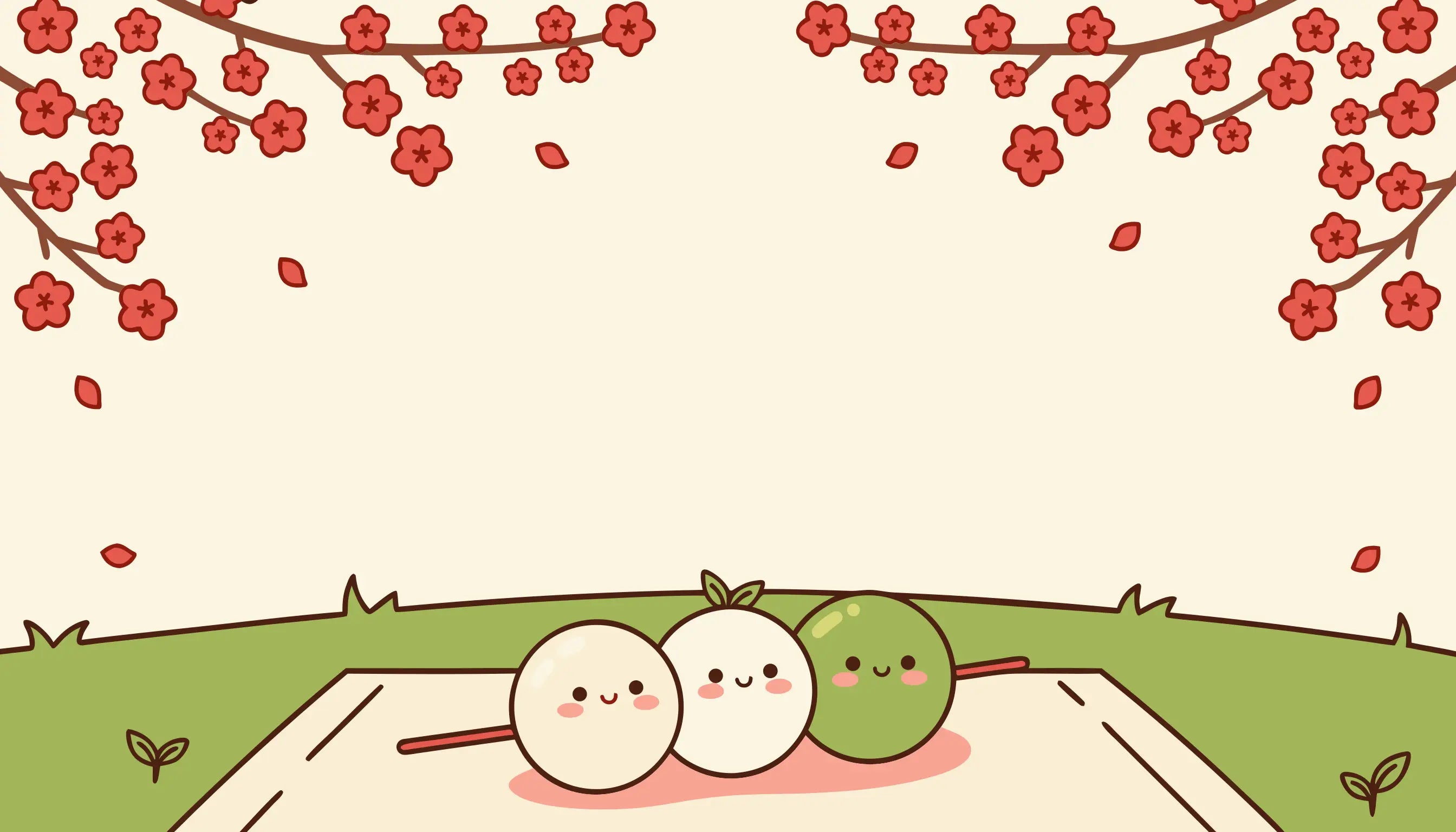 Trois dango kawaii en pique-nique hanami sous les cerisiers en fleurs